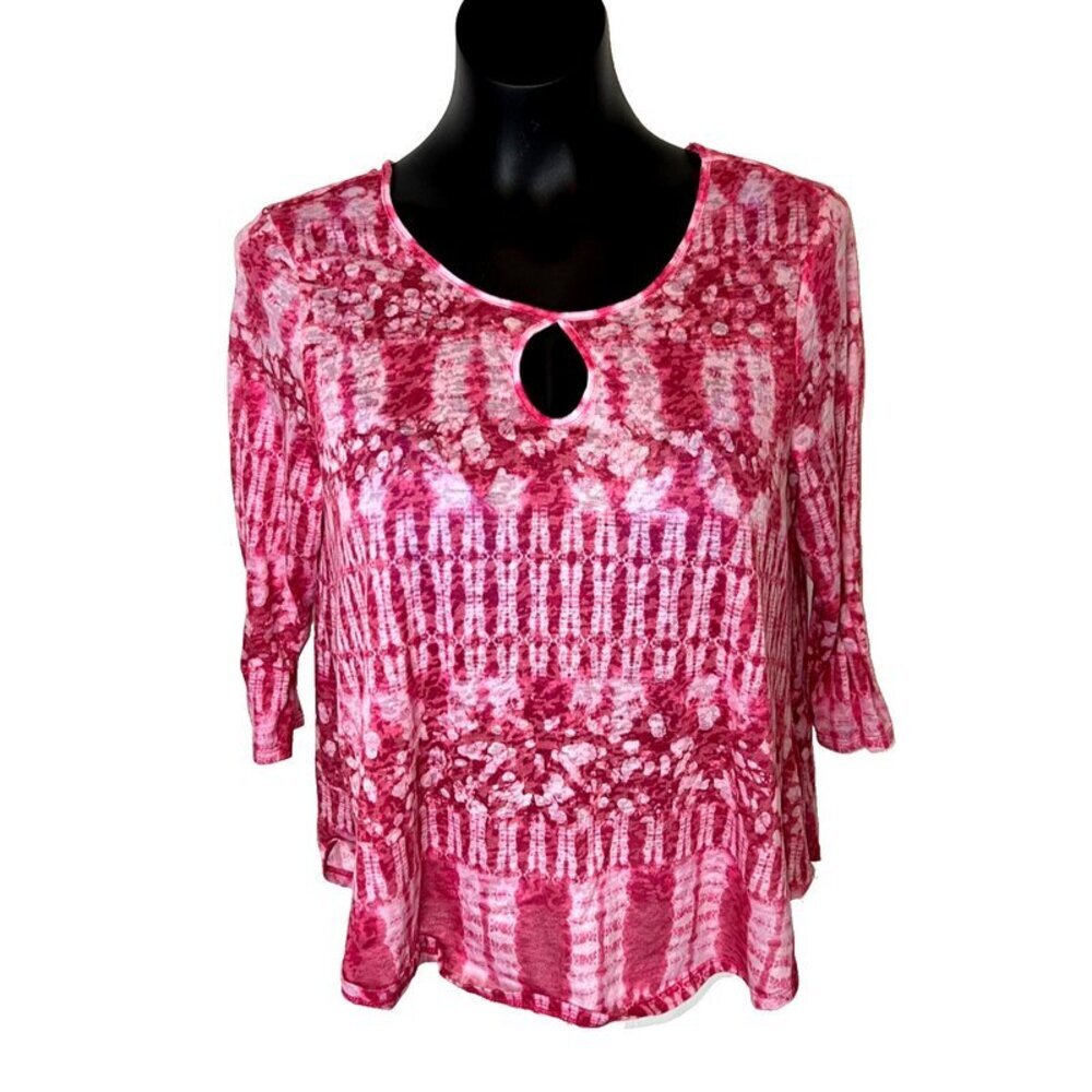 Ruby Rd. Women's M Petite Pink White Shibori Tie Dye 3/4 Sleeve Keyhole Neck